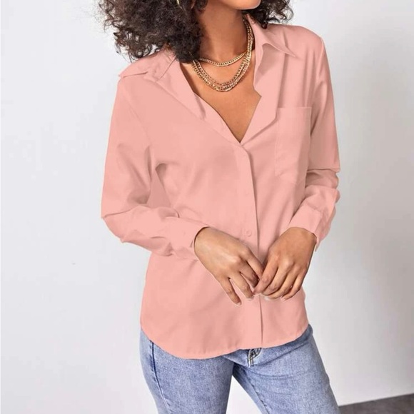 SHEIN Tops - Women’s Pink Pocket Button Front Solid Shirt